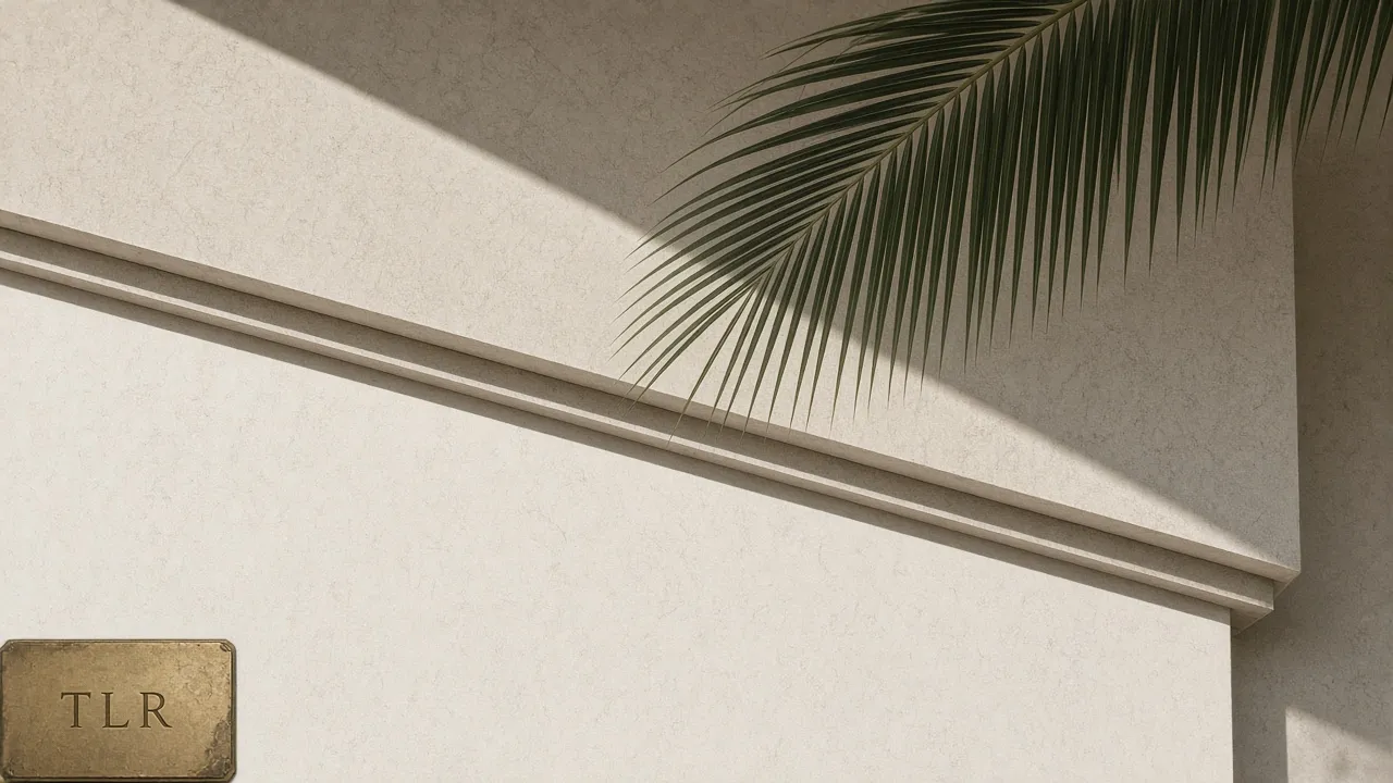 Limestone eave, shadow stripe and one palm frond. No guests, no hotel name.